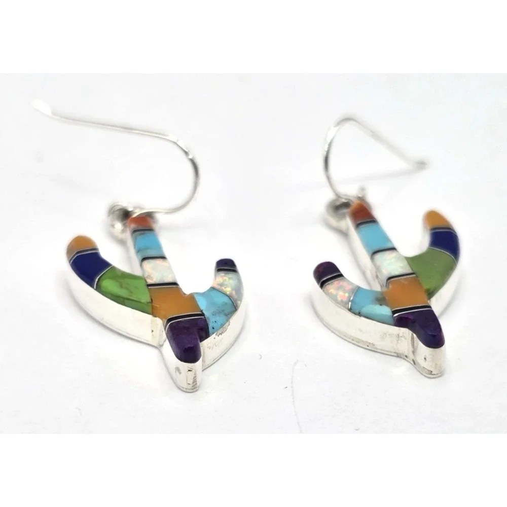 Multi-Gemstone Cacti Earrings Sterling Silver Inlays 0.94" Handmade Signed NEW - Picture 5 of 13